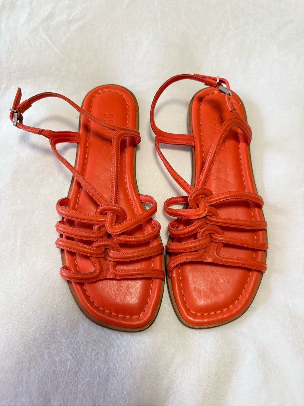 Schutz | SZ 8 | Octavia Flame Orange Strappy Sandals Leather Knotted Woven EUC